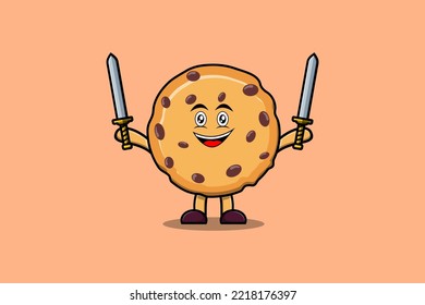 Cute cartoon Biscuits character holding two sword in 3d modern design illustration