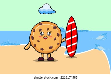 Cute cartoon Biscuits character playing surfing with surfing board