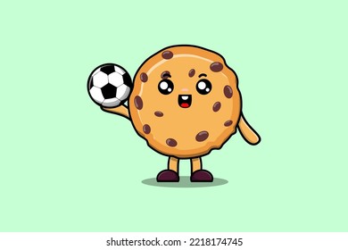 Cute cartoon Biscuits character playing football in flat cartoon style illustration