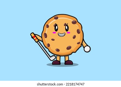 Cute cartoon Biscuits character playing golf in concept flat cartoon style illustration