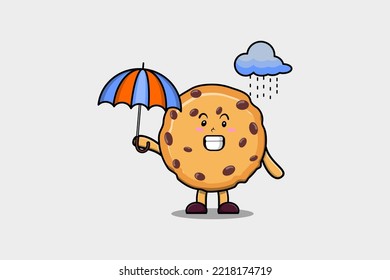 Cute cartoon Biscuits character in the rain and using an umbrella in flat modern style design