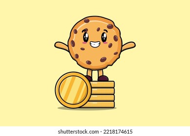 Cute Cartoon Biscuits-Charakter, stehend in gestapelter goldener Vektorgrafik in flachem Cartoon