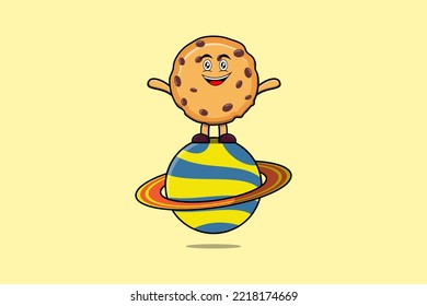 Cute cartoon Biscuits character standing in planet vector icon illustration
