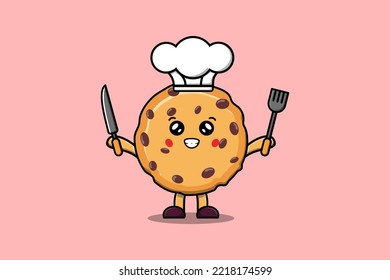 Dibujo lindo Biscuits personaje de chef sosteniendo cuchillo y tenedor en ilustración de estilo de dibujos animados planos
