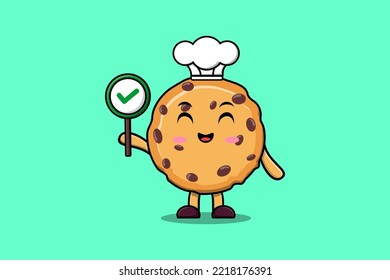 Cute cartoon Biscuits chef character holding correct sign board in vector character illustration