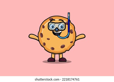 Cute cartoon Biscuits diver with swimming glass in flat modern style design