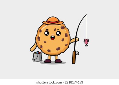 Cute cartoon Biscuits ready fishing character illustration wearing fishing equipment