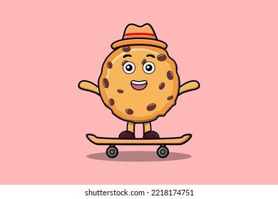 cute cartoon Biscuits standing on skateboard with cartoon vector illustration style