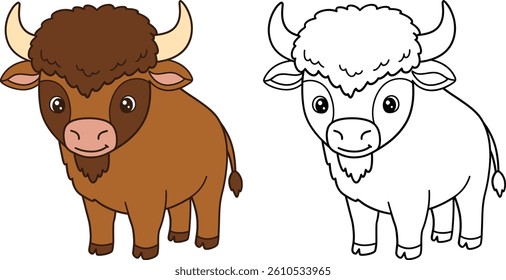 Cute Cartoon Bison Illustration Coloring Book