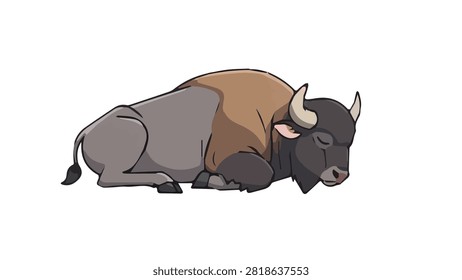 Cute cartoon bison lying down, relaxed and peaceful, suitable for educational or entertainment content.
