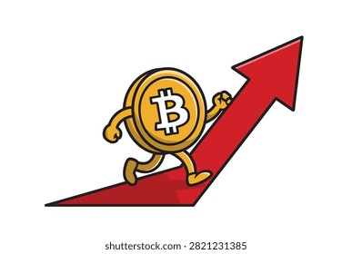 Cute cartoon bitcoin coin character running up a steep red growth arrow representing cryptocurrency market rise.