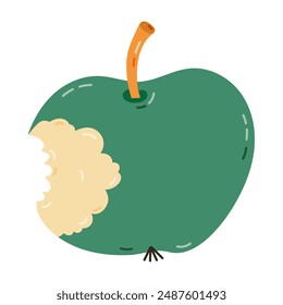 Cute cartoon bitten apple with stub. Simple green apple with bite as symbol of snack at school, organic nutrition, fitness food. Hand drawn vector illustration isolated on white background.