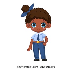 Cute Cartoon Black African Girl Dressed As A Police Officer. The Concept Of Choosing A Profession By A Child. Character Vector Illustration. Isolated Funny Sheriff Uniform Clipart.