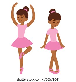 Cute Cartoon Black Ballerina Girl In Pink Dress. African American Kid Dancing Ballet, Vector Clip Art Illustration.