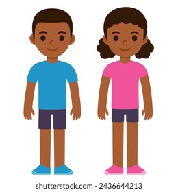 Lindo dibujo animado Negro chico en camisa azul y chica en camisa rosa. Niños en color de ropa de género tradicional. Ilustración simple del vector plano.