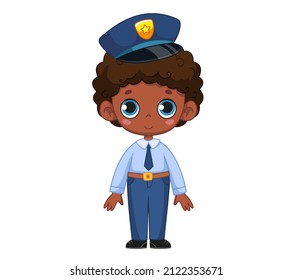 Cute cartoon black boy kid dressed as a police officer. The concept of choosing a profession by a schoolboy and a child. Vector illustration of a character. Isolated funny clipart. policeman