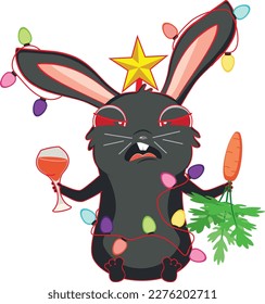 Cute cartoon black bunny holding carrot with green leaves.