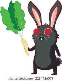 Cute cartoon black bunny holding horseradish with green leaves.