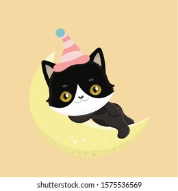 Cute cartoon black cat with big eyes. Vector illustration. 

