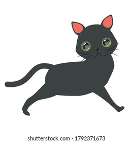 Cute cartoon black cat with big green eyes over white background.
