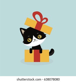 Cute cartoon black cat with big eyes. Vector illustration. 
