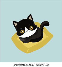 Cute cartoon black cat with big eyes. Vector illustration. 