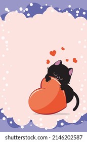 Cute cartoon black cat bites big red heart, valentine illustration.