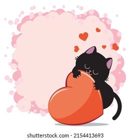 Cute cartoon black cat bites big red heart, valentine illustration.