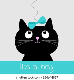 Cute cartoon black cat with blue bow. Baby shower card. It??s a boy. Vector illustration. 