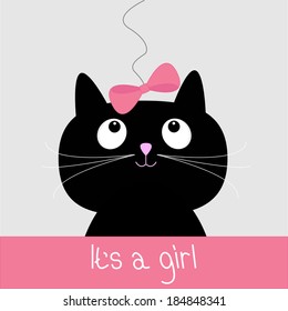 Cute cartoon black cat with blue bow. Baby shower card. It's a girl. Vector illustration. 