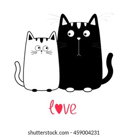 Cute cartoon black cat boy and white girl. Kitty couple on date. Big mustache whisker. Funny character set. Happy family. Love greeting card. Text with heart. Flat design. Isolated Vector illustration