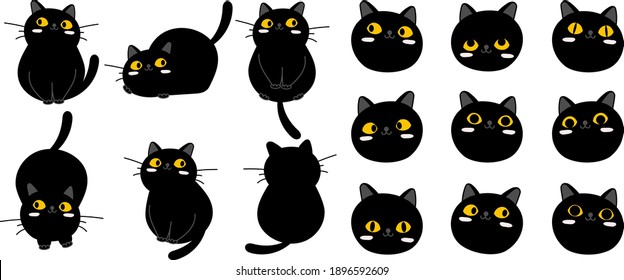 Cuta caricatura sobre la colección de personajes de gatos negros, con diferentes emociones, ilustraciones hechas a mano.