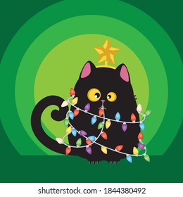 Cute cartoon black cat with colorful Christmas garland and yellow star on the head.