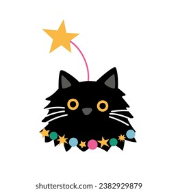 Cute cartoon black cat decorated as Christmas tree. Hand drawn vector illustration. Funny winter character card template.