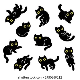 Cute cartoon black cat drawing set. Hand drawn kitty doodles in different poses. Simple kawaii style vector clip art illustration.