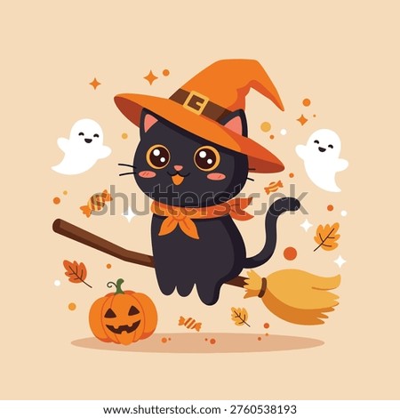 Cute cartoon black cat dressed as a witch, flying on a broomstick with pumpkins and ghosts.