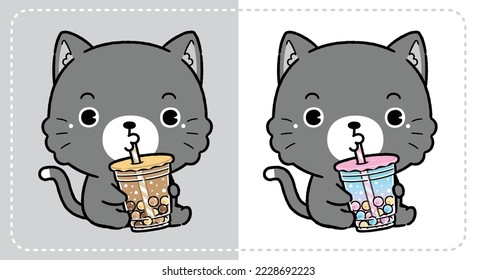 Cute Caricatura Gato Negro Comiendo Boba Té Leche Burbuja, Vector De Concepto De Icono De Bebida Animal. Estilo de dibujo plano