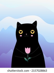 Cute cartoon black cat with flower. Modern abstract poster, card