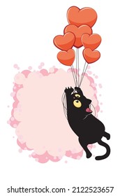 Cute cartoon black cat flying on heart shaped balloons, valentine illustration.