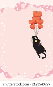 Cute cartoon black cat flying on heart shaped balloons, valentine illustration.