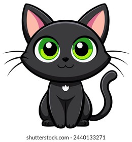 Cute cartoon black cat with green eyes isolated on white background. Vector illustration.