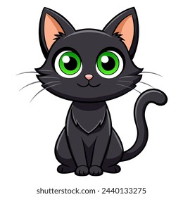 Cute cartoon black cat with green eyes isolated on white background. Vector illustration.