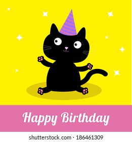 Cute cartoon black cat with hat. Card. Vector illustration. 