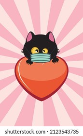 Cute cartoon black cat head in face mask and big red heart illustration.