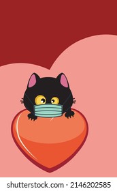 Cute cartoon black cat head in face mask and big red heart illustration.