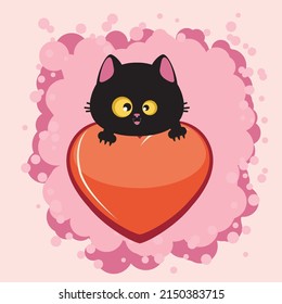 Cute cartoon black cat head and big red heart illustration.