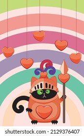 Cute cartoon black cat in knight armor with red heart, valentines day illustration.