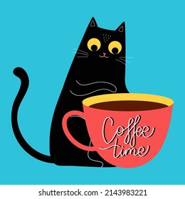Cute cartoon black cat looks at  mug of coffee and lettering phrase Сoffee time. Flat vector illustration
