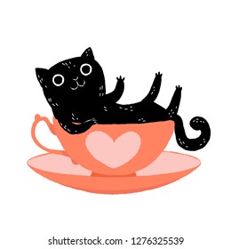 Cute cartoon black cat lying in tea cup and heart it  Valentine's Day greeting card 