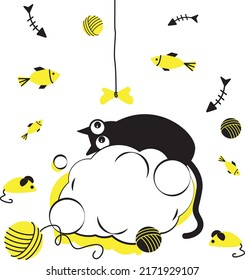The Cute Cartoon black cat is lying on a cloud. Vector illustration at white background. 